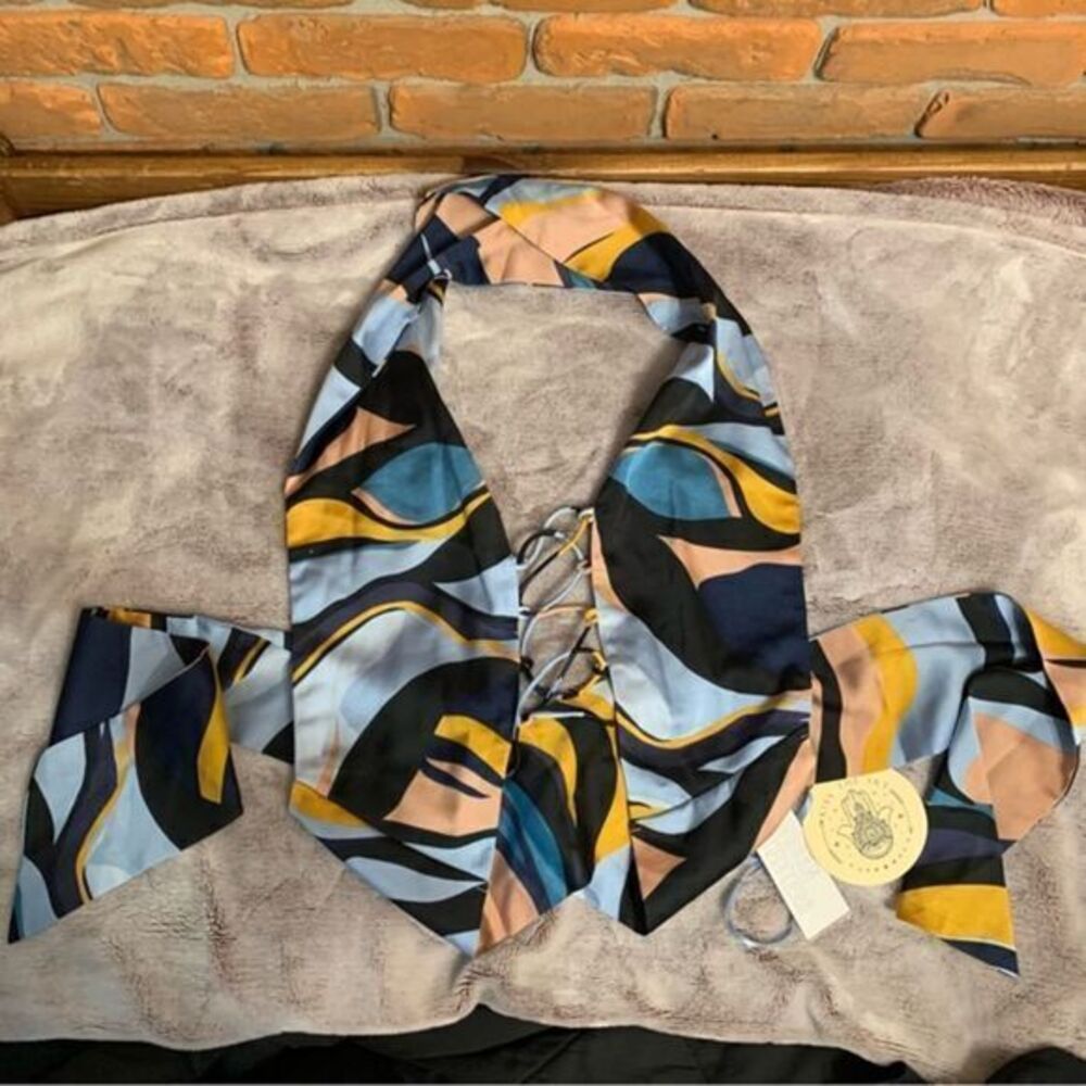 Kiss The Sky Women Blue Abstract Motif Lace Up Halter Wrap Crop Top Size M NEW